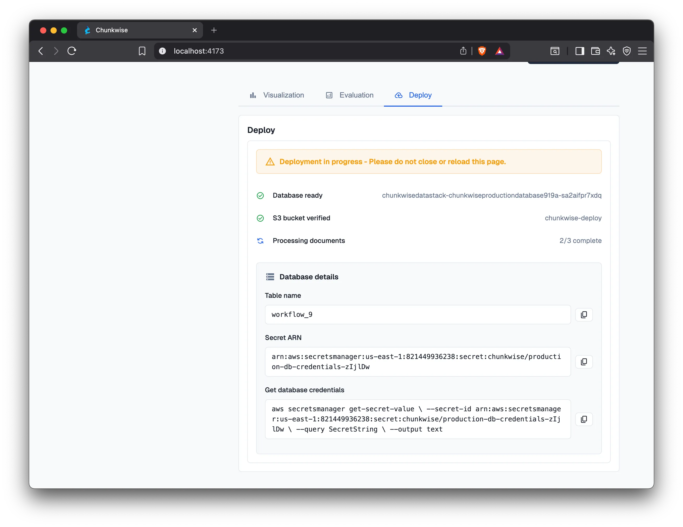 A screenshot of the client showing the deploy tab