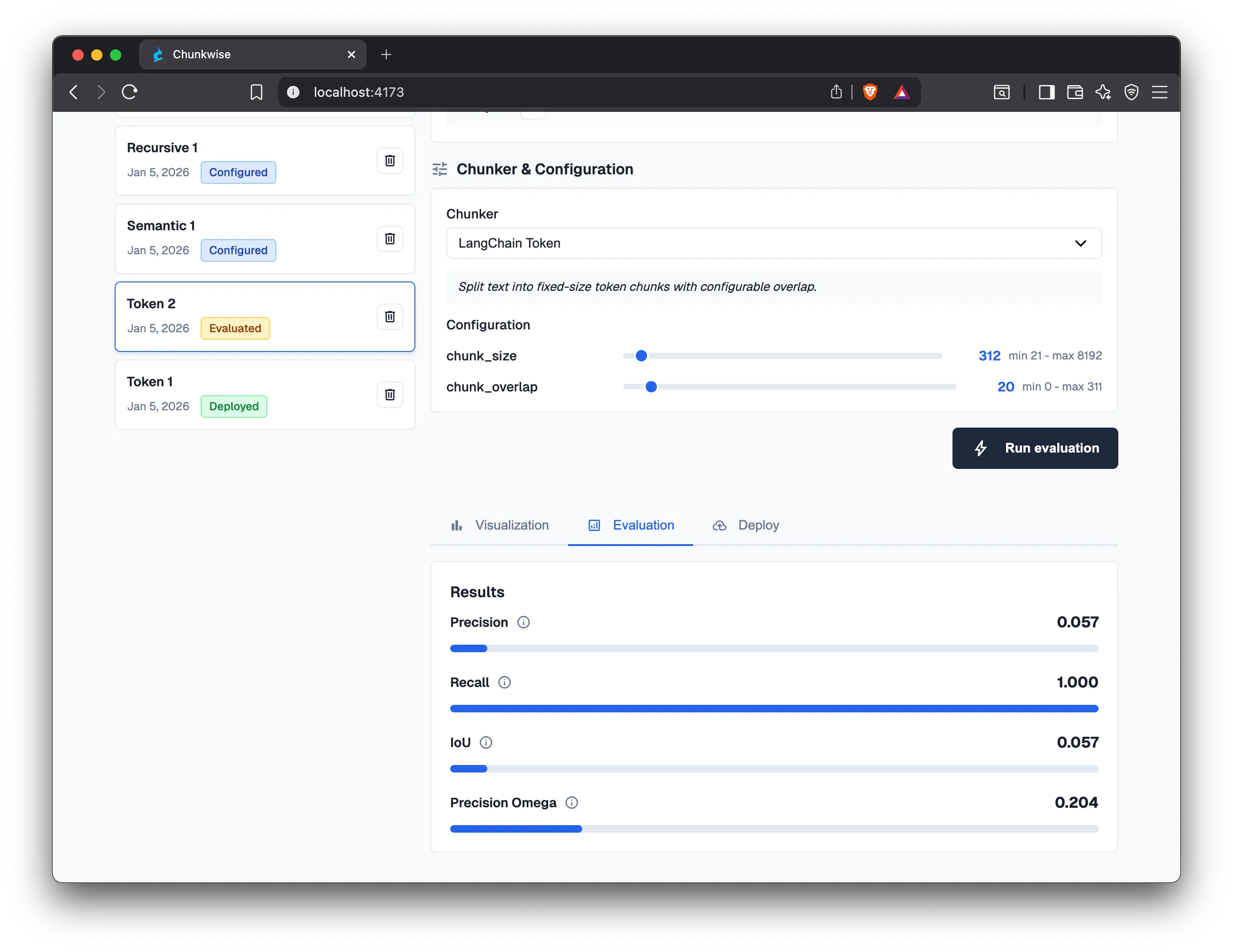 A screenshot of the client showing the evaluation tab
