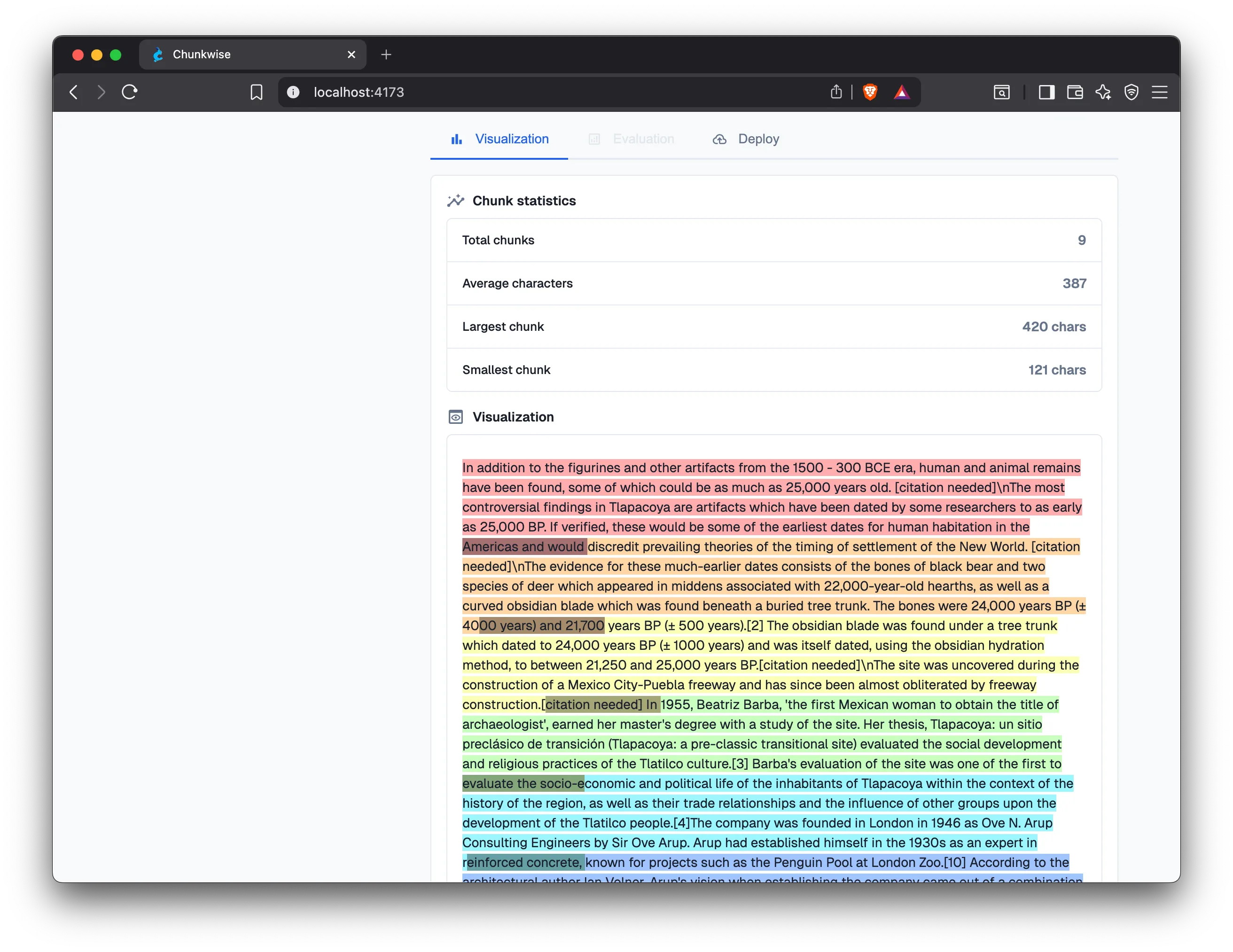 A screenshot of the client showing the visualization tab